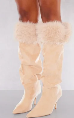 PrettyLittleThing Wide Fit Heels*Wide Fit Faux Suede Point Toe Faux Trim Knee High Heeled Boots