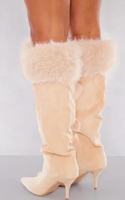 PrettyLittleThing Wide Fit Heels*Wide Fit Faux Suede Point Toe Faux Trim Knee High Heeled Boots