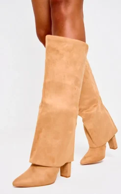PrettyLittleThing Wide Fit Boots*Wide Fit Faux Suede Pointed Fold Over Block Heel Knee Boots