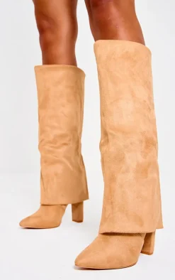 PrettyLittleThing Wide Fit Boots*Wide Fit Faux Suede Pointed Fold Over Block Heel Knee Boots