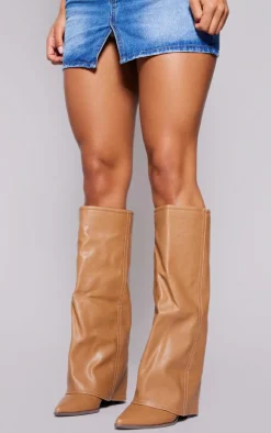 PrettyLittleThing Wide Fit Heels*Wide Fit PU Fold Over Knee High Block Heeled Western Boots