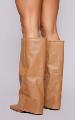 PrettyLittleThing Wide Fit Heels*Wide Fit PU Fold Over Knee High Block Heeled Western Boots