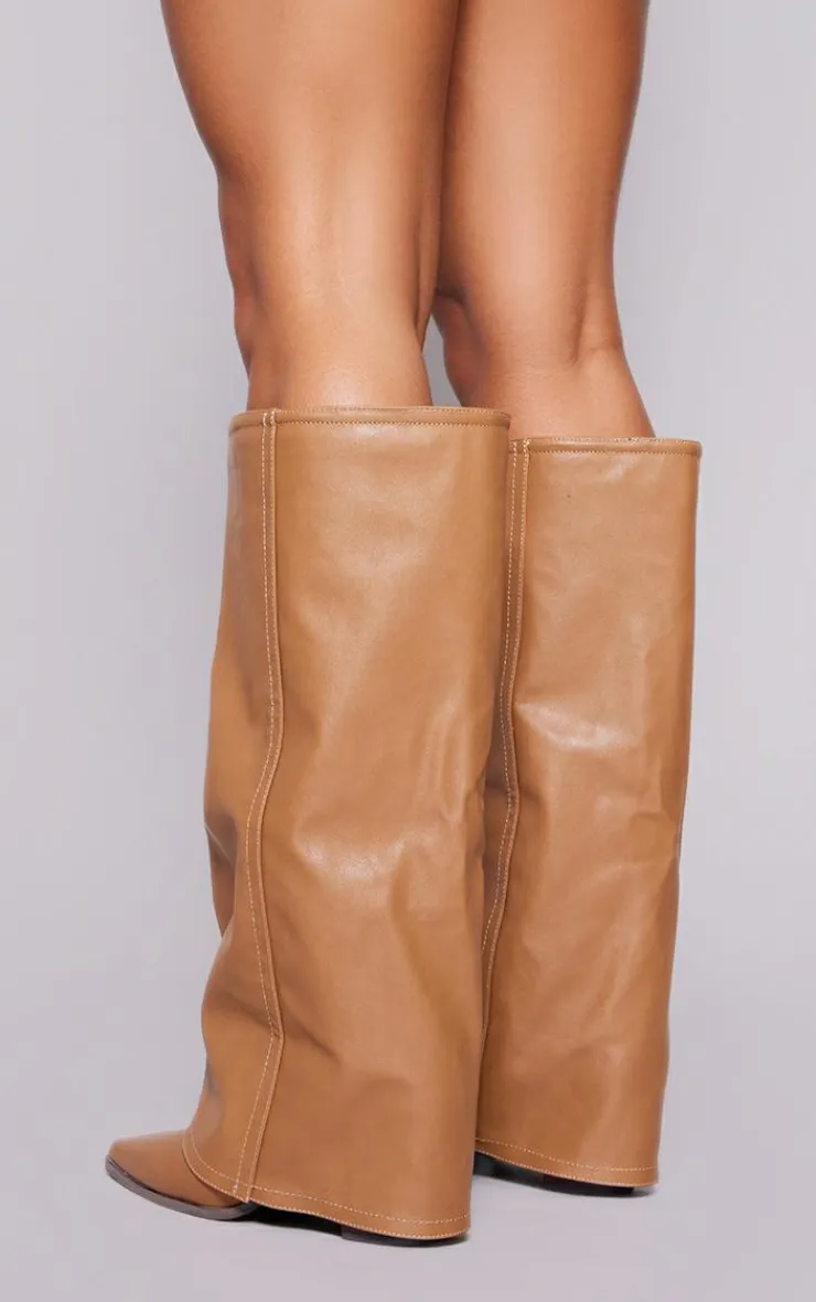 PrettyLittleThing Wide Fit Heels*Wide Fit PU Fold Over Knee High Block Heeled Western Boots