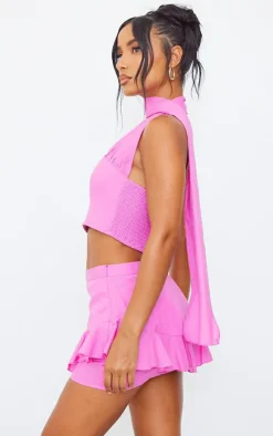 Sale PrettyLittleThing Candy Pink Linen Look Scarf Detail Bandeau Cotton Candy