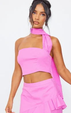 Sale PrettyLittleThing Candy Pink Linen Look Scarf Detail Bandeau Cotton Candy