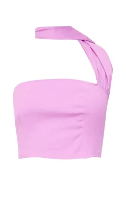 Sale PrettyLittleThing Candy Pink Linen Look Scarf Detail Bandeau Cotton Candy