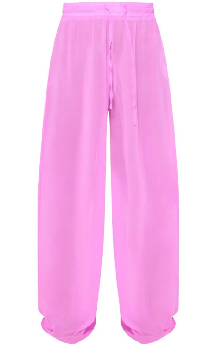 Candy Pink Chiffon Drawstring Wide Leg Beach Pants
