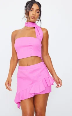 Best PrettyLittleThing Linen Look Asymmetric Ruffle Mini Skirt Candy Pink