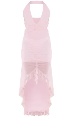 Mesh Cut Out Halterneck Ruched Midaxi Dress-PrettyLittleThing Hot