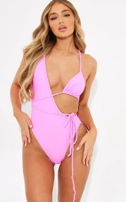 Candy Pink Plait Detail Asymmetric Swimsuit