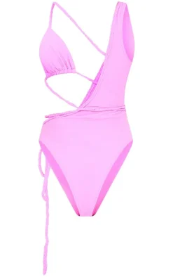 Candy Pink Plait Detail Asymmetric Swimsuit