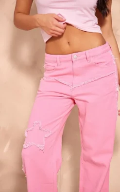 Candy Pink Raw Hem Detail Star Applique Wide Leg Jeans
