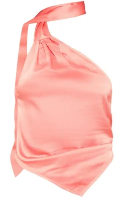 Best PrettyLittleThing Satin Scarf Detail Halterneck Crop Top Candy Pink