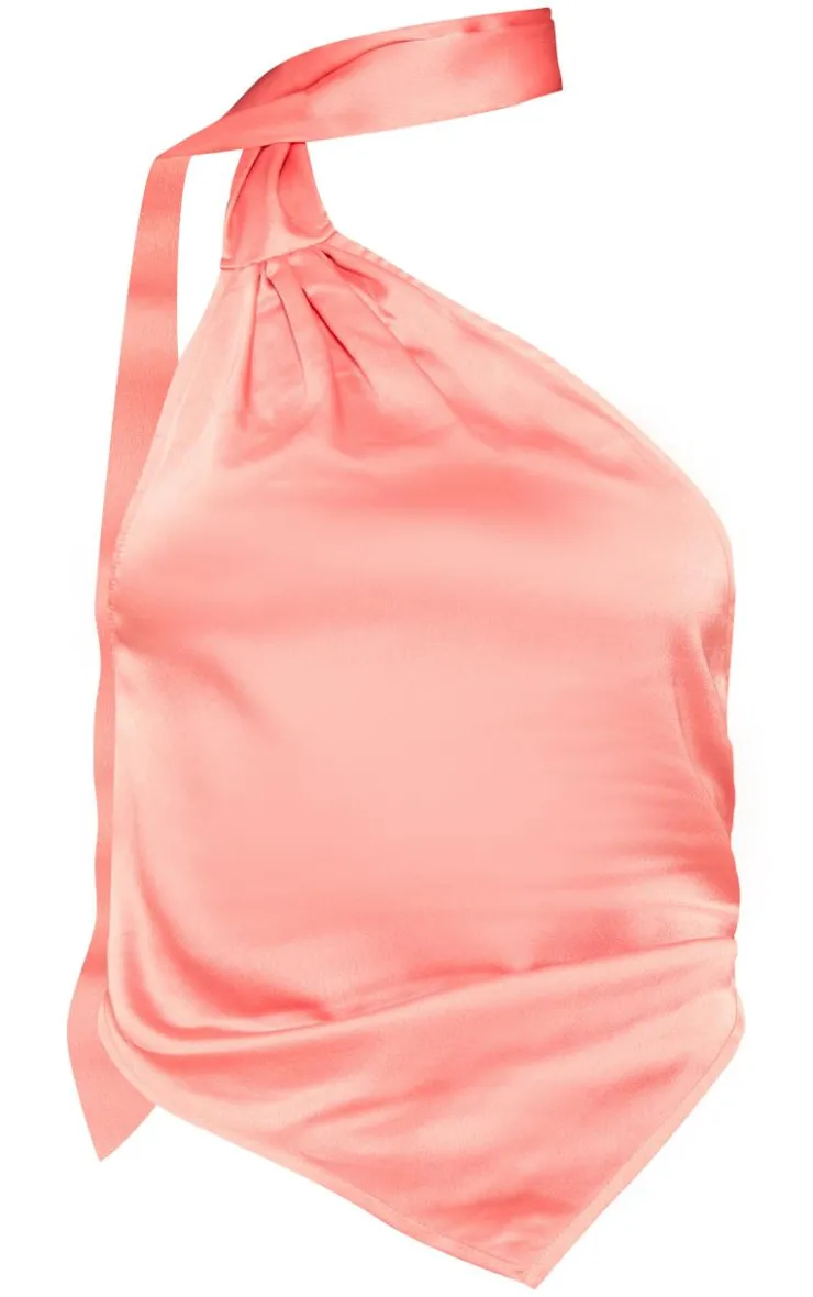 Best PrettyLittleThing Satin Scarf Detail Halterneck Crop Top Candy Pink