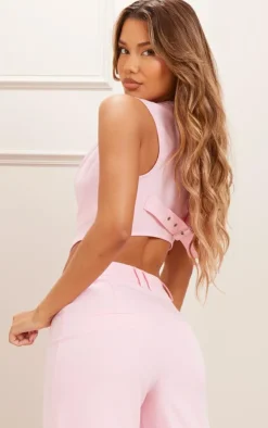 Discount PrettyLittleThing Woven Belted Back Detail Suit Vest Top Candy Pink