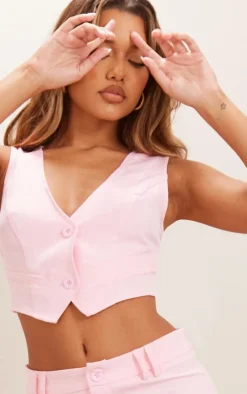 Discount PrettyLittleThing Woven Belted Back Detail Suit Vest Top Candy Pink