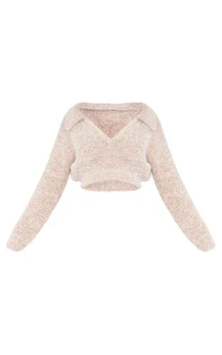 PrettyLittleThing Sweaters*Fluffy Knit V Neck Collar Detail Cropped Sweater