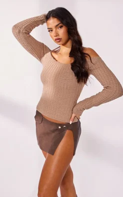 PrettyLittleThing Knitted Tops*Textured Knit Bardot Sleeve Tie Detail Top
