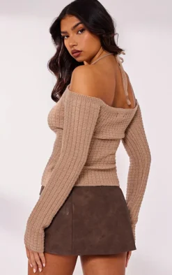 PrettyLittleThing Knitted Tops*Textured Knit Bardot Sleeve Tie Detail Top