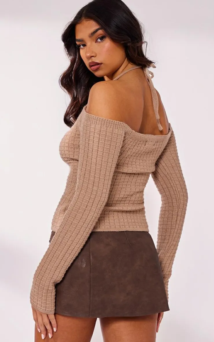 PrettyLittleThing Knitted Tops*Textured Knit Bardot Sleeve Tie Detail Top
