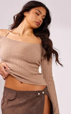 PrettyLittleThing Knitted Tops*Textured Knit Bardot Sleeve Tie Detail Top