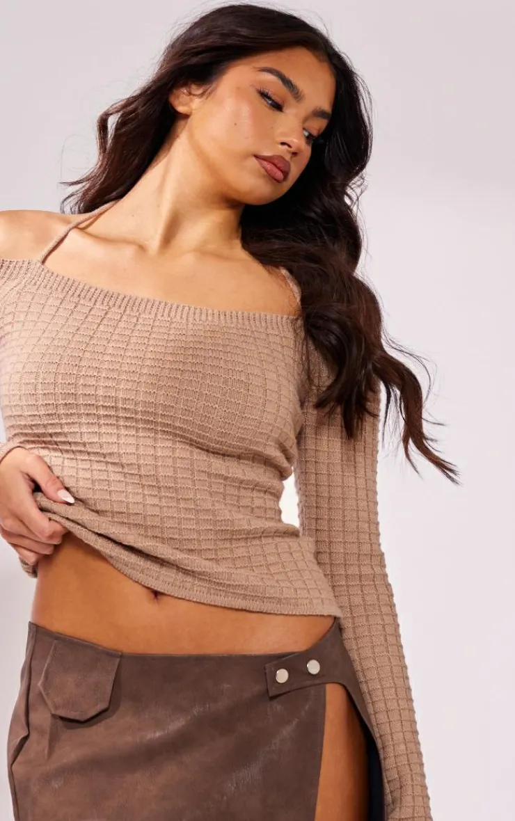 PrettyLittleThing Knitted Tops*Textured Knit Bardot Sleeve Tie Detail Top