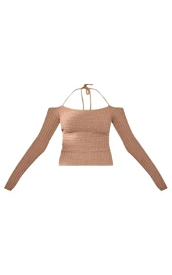 PrettyLittleThing Knitted Tops*Textured Knit Bardot Sleeve Tie Detail Top