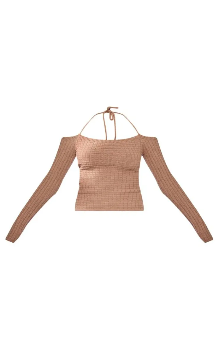 PrettyLittleThing Knitted Tops*Textured Knit Bardot Sleeve Tie Detail Top