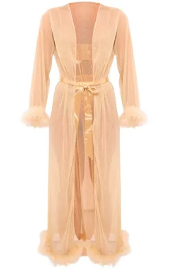 PrettyLittleThing Christmas Pajamas*Feather Trim Longline Mesh Glitter Robe