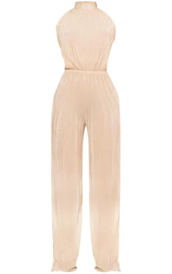 Champagne Plisse High Neck Scoop Back Wide Leg Jumpsuit