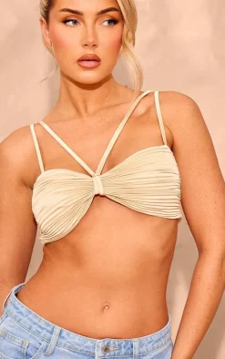 Champagne Plisse Knot Detail Strappy Crop Top