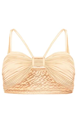 Champagne Plisse Knot Detail Strappy Crop Top