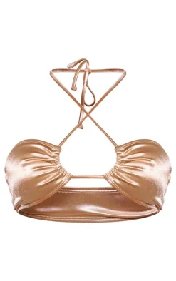 Champagne Ruched Halter Tie Bikini Top