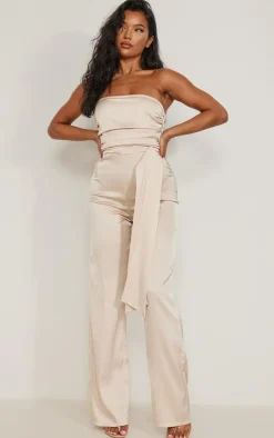 Satin Bandeau Pleat Detail Tie Side Jumpsuit-PrettyLittleThing Online