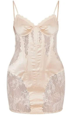 Satin Corset Detail Lace Panel Strappy Bodycon Dress-PrettyLittleThing Sale