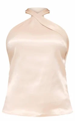 Clearance PrettyLittleThing Satin Fold Over One Shoulder Halter Neck Top Champagne