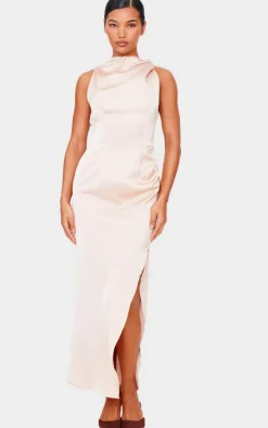 Satin High Neck Ruched Back Detail Midi Dress-PrettyLittleThing Best