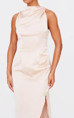 Satin High Neck Ruched Back Detail Midi Dress-PrettyLittleThing Best