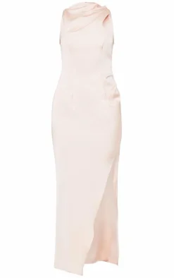 Satin High Neck Ruched Back Detail Midi Dress-PrettyLittleThing Best