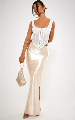 Champagne Stretch Satin Split Side Maxi Skirt