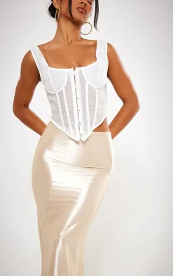 Champagne Stretch Satin Split Side Maxi Skirt