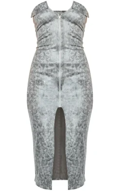 Acid Wash Faux Suede Bandeau Zip Through Midi Dress-PrettyLittleThing Best