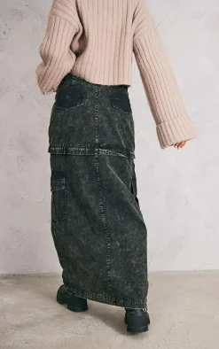 Charcoal Acid Wash Heavy Twill Cargo Maxi Skirt With Separating Zip
