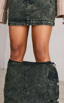 Charcoal Acid Wash Heavy Twill Cargo Maxi Skirt With Separating Zip