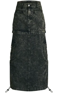 Charcoal Acid Wash Heavy Twill Cargo Maxi Skirt With Separating Zip