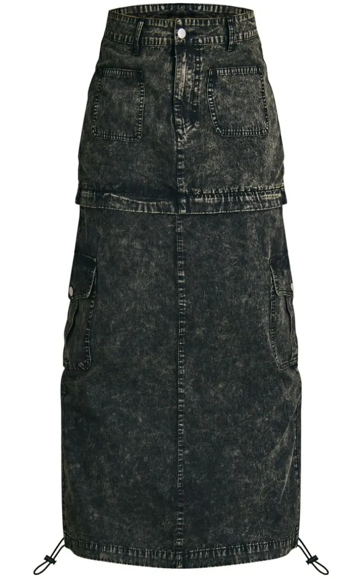 Charcoal Acid Wash Heavy Twill Cargo Maxi Skirt With Separating Zip
