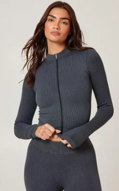PrettyLittleThing Athletic Jackets*Acid Wash Seamless Ribbed Zip Up Cropped Sports Jacket
