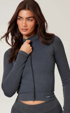PrettyLittleThing Athletic Jackets*Acid Wash Seamless Ribbed Zip Up Cropped Sports Jacket