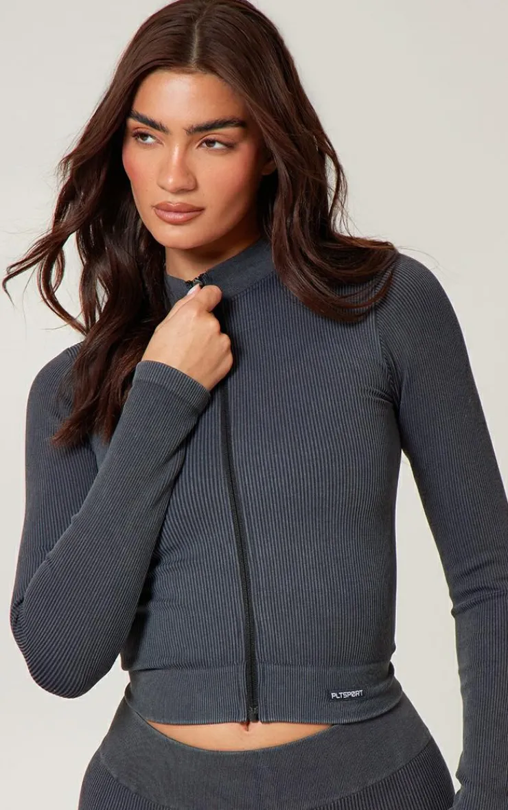 PrettyLittleThing Athletic Jackets*Acid Wash Seamless Ribbed Zip Up Cropped Sports Jacket
