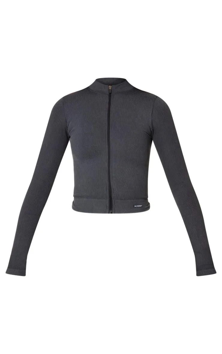 PrettyLittleThing Athletic Jackets*Acid Wash Seamless Ribbed Zip Up Cropped Sports Jacket